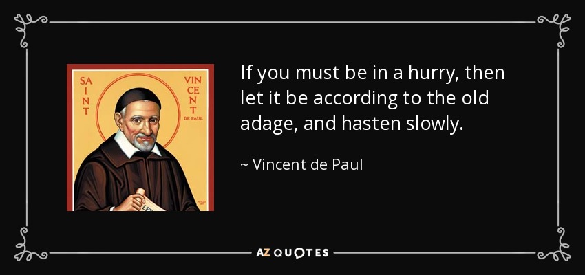 If you must be in a hurry, then let it be according to the old adage, and hasten slowly. - Vincent de Paul