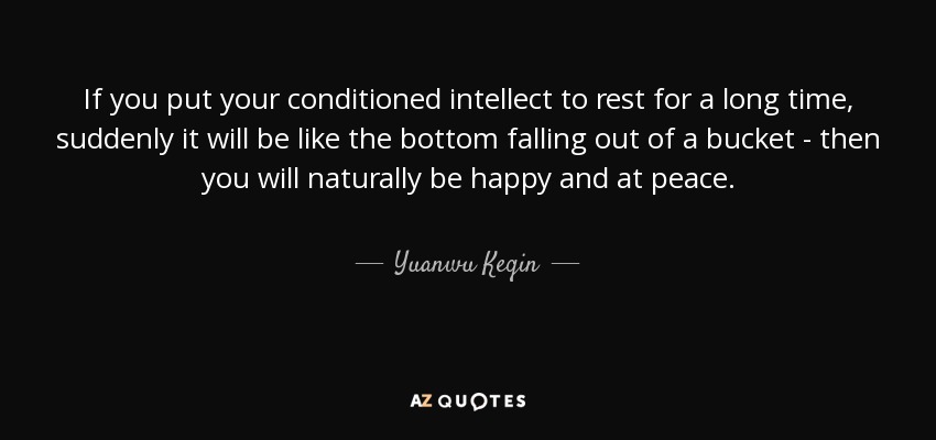 If you put your conditioned intellect to rest for a long time, suddenly it will be like the bottom falling out of a bucket - then you will naturally be happy and at peace. - Yuanwu Keqin