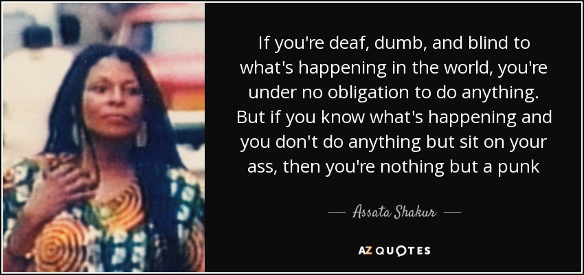 If you're deaf, dumb, and blind to what's happening in the world, you're under no obligation to do anything. But if you know what's happening and you don't do anything but sit on your ass, then you're nothing but a punk - Assata Shakur