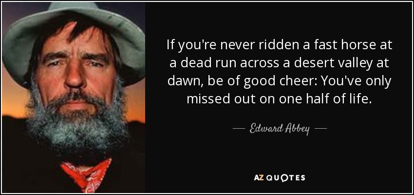 If you're never ridden a fast horse at a dead run across a desert valley at dawn, be of good cheer: You've only missed out on one half of life. - Edward Abbey