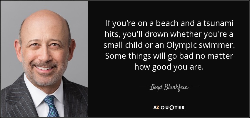 If you're on a beach and a tsunami hits, you'll drown whether you're a small child or an Olympic swimmer. Some things will go bad no matter how good you are. - Lloyd Blankfein