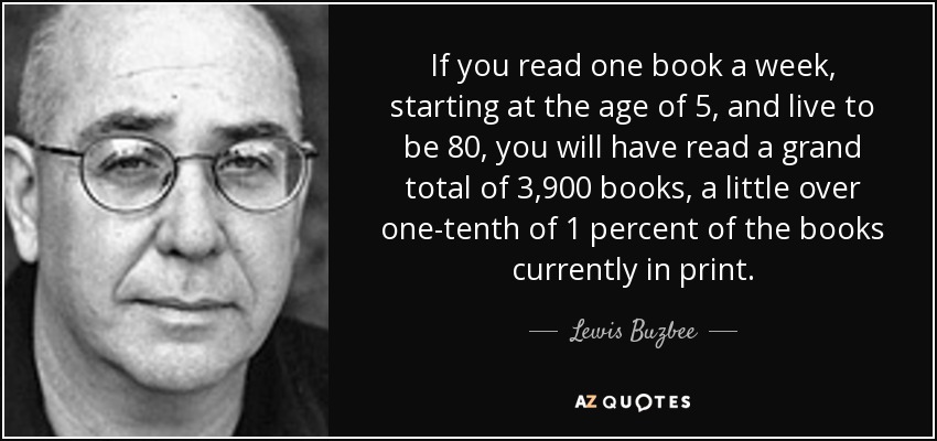If you read one book a week, starting at the age of 5, and live to be 80, you will have read a grand total of 3,900 books, a little over one-tenth of 1 percent of the books currently in print. - Lewis Buzbee