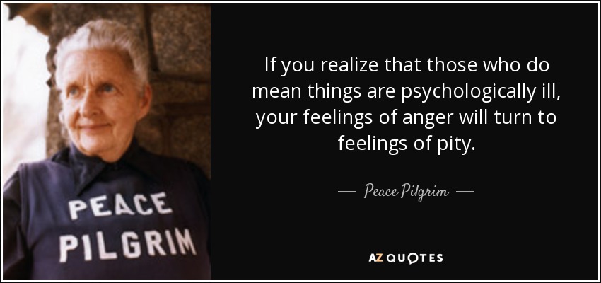 If you realize that those who do mean things are psychologically ill, your feelings of anger will turn to feelings of pity. - Peace Pilgrim