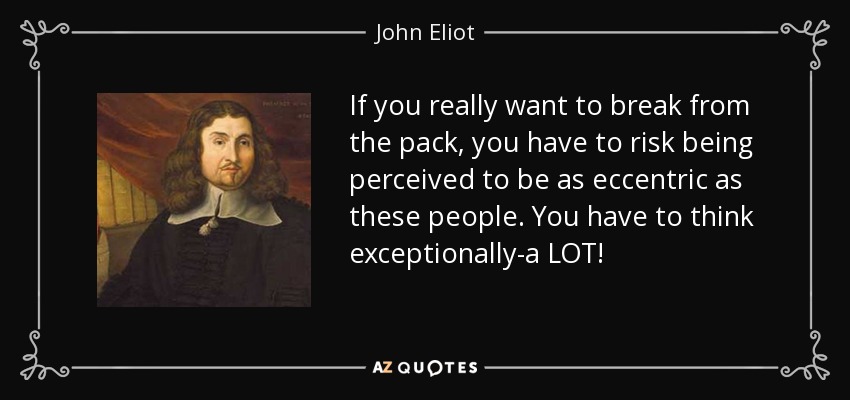 If you really want to break from the pack, you have to risk being perceived to be as eccentric as these people. You have to think exceptionally-a LOT! - John Eliot