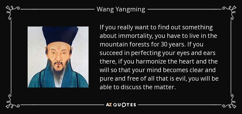 If you really want to find out something about immortality, you have to live in the mountain forests for 30 years. If you succeed in perfecting your eyes and ears there, if you harmonize the heart and the will so that your mind becomes clear and pure and free of all that is evil, you will be able to discuss the matter. - Wang Yangming