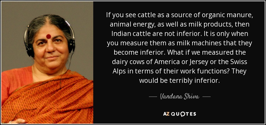 If you see cattle as a source of organic manure, animal energy, as well as milk products, then Indian cattle are not inferior. It is only when you measure them as milk machines that they become inferior. What if we measured the dairy cows of America or Jersey or the Swiss Alps in terms of their work functions? They would be terribly inferior. - Vandana Shiva