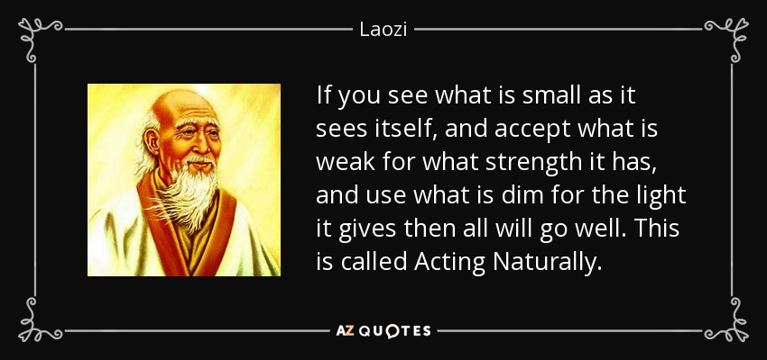 If you see what is small as it sees itself, and accept what is weak for what strength it has, and use what is dim for the light it gives then all will go well. This is called Acting Naturally. - Laozi