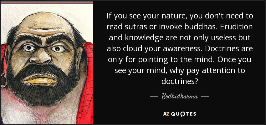 If you see your nature, you don't need to read sutras or invoke buddhas. Erudition and knowledge are not only useless but also cloud your awareness. Doctrines are only for pointing to the mind. Once you see your mind, why pay attention to doctrines? - Bodhidharma