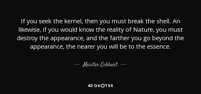 If you seek the kernel, then you must break the shell. An likewise, if you would know the reality of Nature, you must destroy the appearance, and the farther you go beyond the appearance, the nearer you will be to the essence. - Meister Eckhart