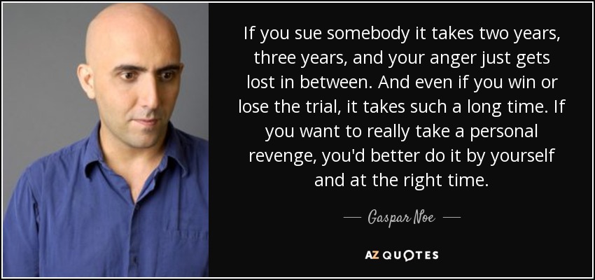 If you sue somebody it takes two years, three years, and your anger just gets lost in between. And even if you win or lose the trial, it takes such a long time. If you want to really take a personal revenge, you'd better do it by yourself and at the right time. - Gaspar Noe