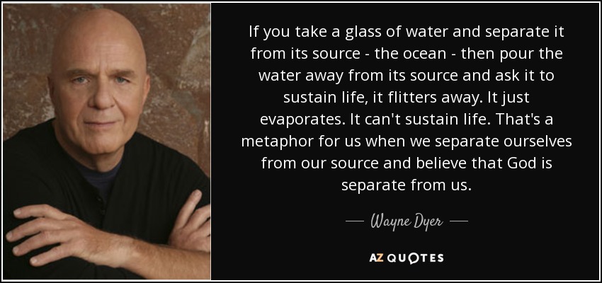 If you take a glass of water and separate it from its source - the ocean - then pour the water away from its source and ask it to sustain life, it flitters away. It just evaporates. It can't sustain life. That's a metaphor for us when we separate ourselves from our source and believe that God is separate from us. - Wayne Dyer