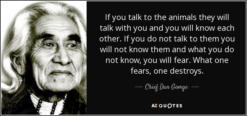 If you talk to the animals they will talk with you and you will know each other. If you do not talk to them you will not know them and what you do not know, you will fear. What one fears, one destroys. - Chief Dan George