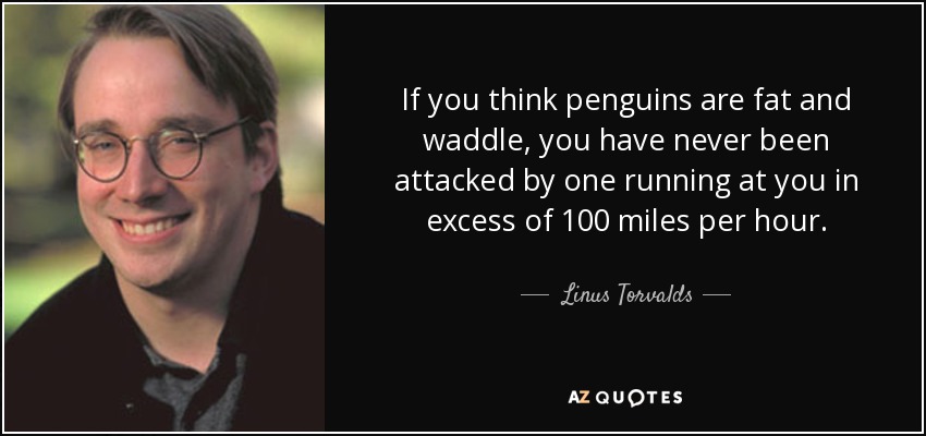 If you think penguins are fat and waddle, you have never been attacked by one running at you in excess of 100 miles per hour. - Linus Torvalds