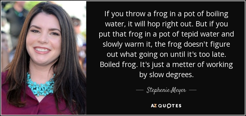 If you throw a frog in a pot of boiling water, it will hop right out. But if you put that frog in a pot of tepid water and slowly warm it, the frog doesn't figure out what going on until it's too late. Boiled frog. It's just a metter of working by slow degrees. - Stephenie Meyer