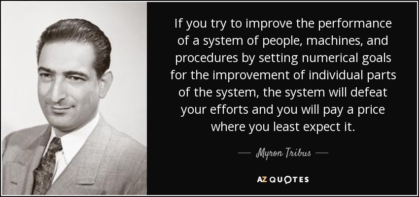 If you try to improve the performance of a system of people, machines, and procedures by setting numerical goals for the improvement of individual parts of the system, the system will defeat your efforts and you will pay a price where you least expect it. - Myron Tribus