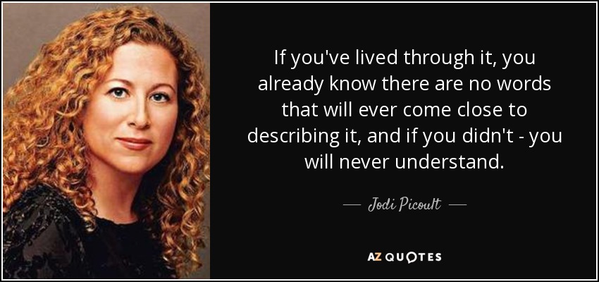 If you've lived through it, you already know there are no words that will ever come close to describing it, and if you didn't - you will never understand. - Jodi Picoult