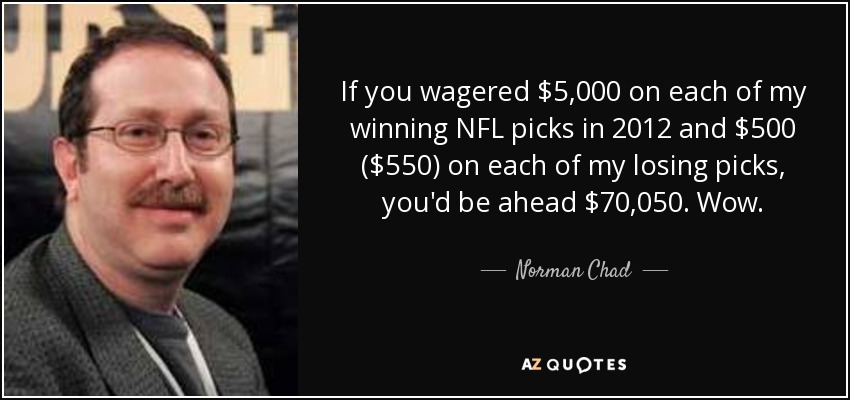 If you wagered $5,000 on each of my winning NFL picks in 2012 and $500 ($550) on each of my losing picks, you'd be ahead $70,050. Wow. - Norman Chad