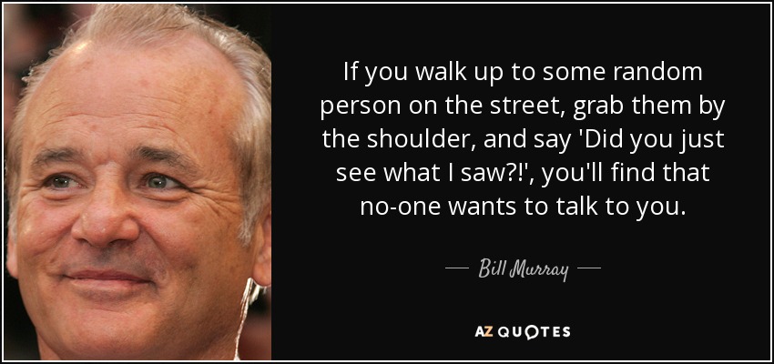 If you walk up to some random person on the street, grab them by the shoulder, and say 'Did you just see what I saw?!', you'll find that no-one wants to talk to you. - Bill Murray