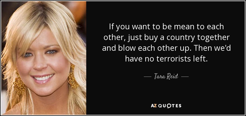 If you want to be mean to each other, just buy a country together and blow each other up. Then we'd have no terrorists left. - Tara Reid