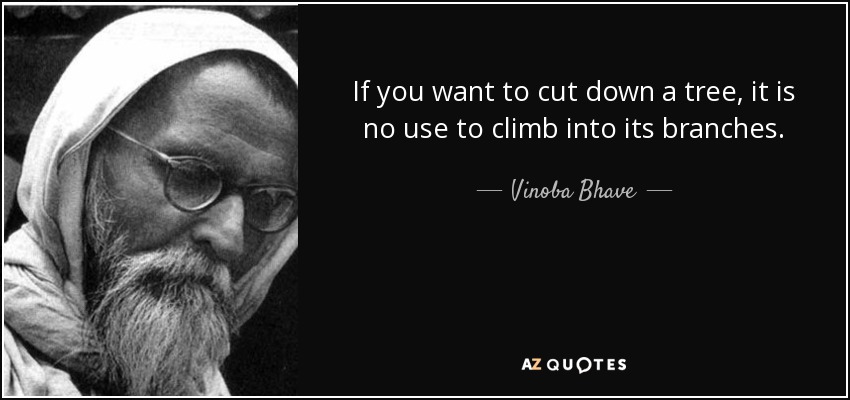 If you want to cut down a tree, it is no use to climb into its branches. - Vinoba Bhave