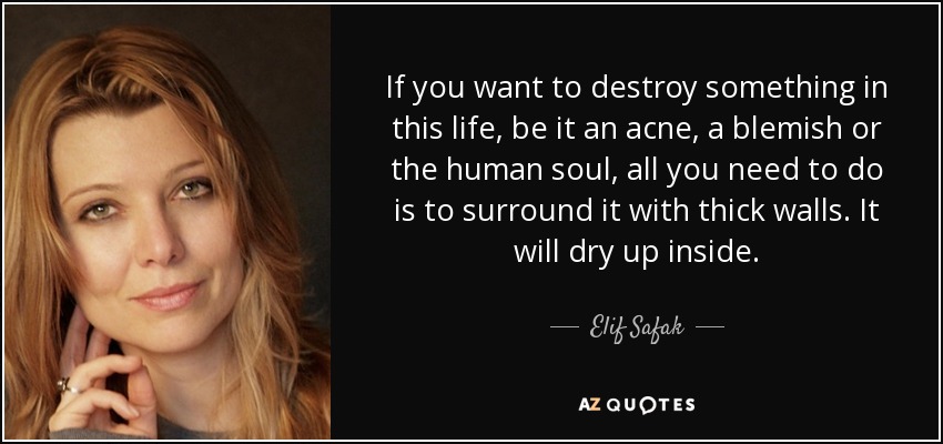 If you want to destroy something in this life, be it an acne, a blemish or the human soul, all you need to do is to surround it with thick walls. It will dry up inside. - Elif Safak