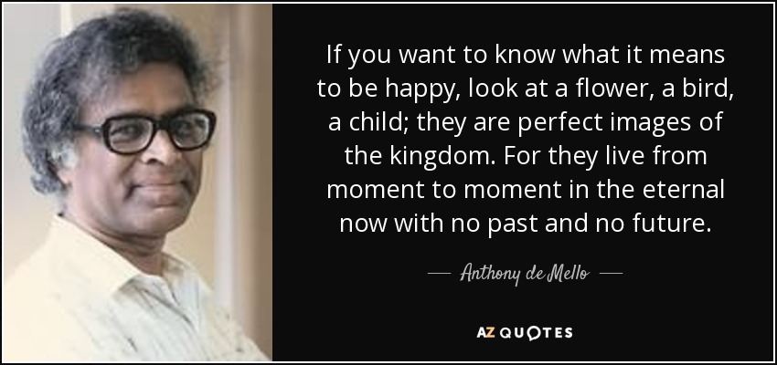 If you want to know what it means to be happy, look at a flower, a bird, a child; they are perfect images of the kingdom. For they live from moment to moment in the eternal now with no past and no future. - Anthony de Mello
