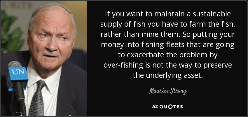 If you want to maintain a sustainable supply of fish you have to farm the fish, rather than mine them. So putting your money into fishing fleets that are going to exacerbate the problem by over-fishing is not the way to preserve the underlying asset. - Maurice Strong