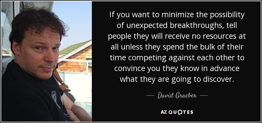 If you want to minimize the possibility of unexpected breakthroughs, tell people they will receive no resources at all unless they spend the bulk of their time competing against each other to convince you they know in advance what they are going to discover. - David Graeber