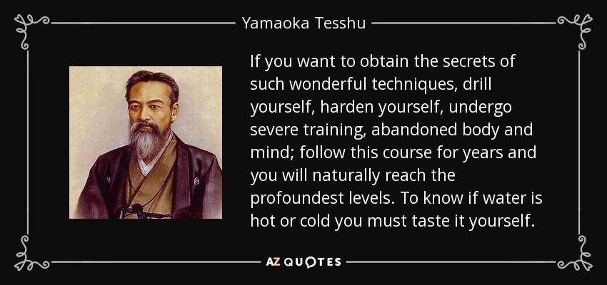 If you want to obtain the secrets of such wonderful techniques, drill yourself, harden yourself, undergo severe training, abandoned body and mind; follow this course for years and you will naturally reach the profoundest levels. To know if water is hot or cold you must taste it yourself. - Yamaoka Tesshu