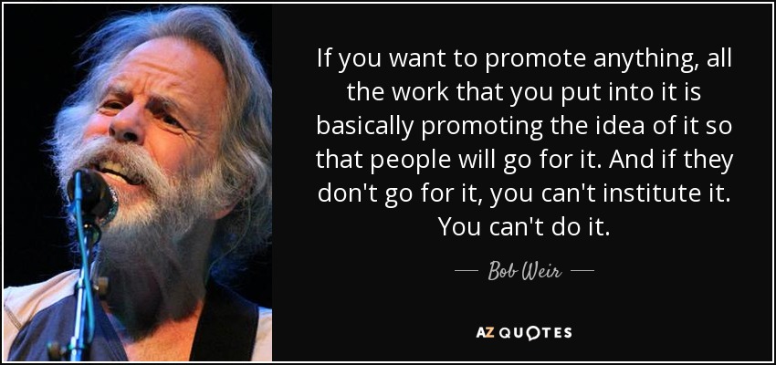 If you want to promote anything, all the work that you put into it is basically promoting the idea of it so that people will go for it. And if they don't go for it, you can't institute it. You can't do it. - Bob Weir