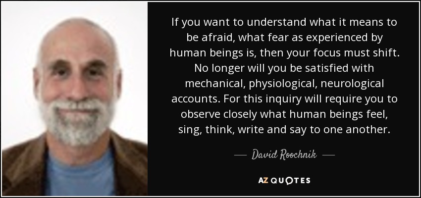 If you want to understand what it means to be afraid, what fear as experienced by human beings is, then your focus must shift. No longer will you be satisfied with mechanical, physiological, neurological accounts. For this inquiry will require you to observe closely what human beings feel, sing, think, write and say to one another. - David Roochnik