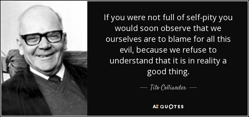 If you were not full of self-pity you would soon observe that we ourselves are to blame for all this evil, because we refuse to understand that it is in reality a good thing. - Tito Colliander