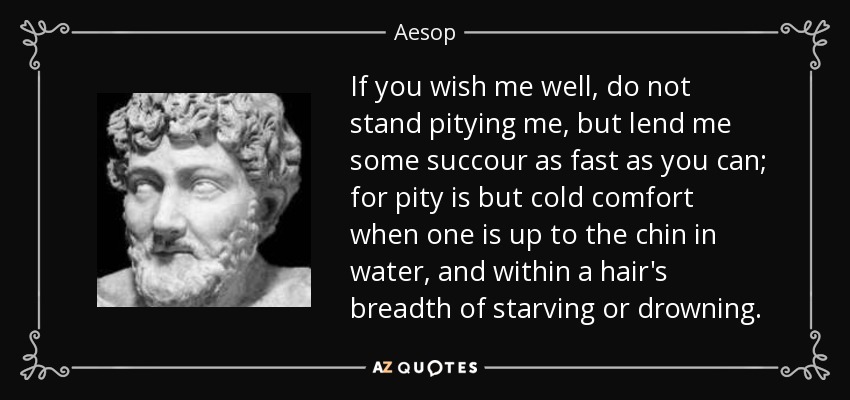 If you wish me well, do not stand pitying me, but lend me some succour as fast as you can; for pity is but cold comfort when one is up to the chin in water, and within a hair's breadth of starving or drowning. - Aesop