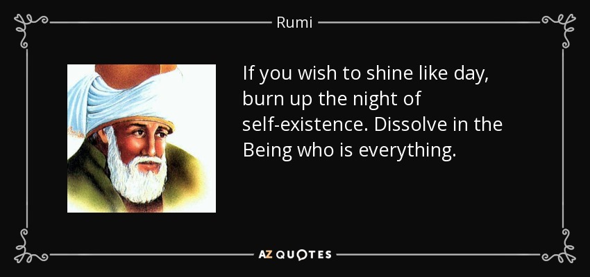 If you wish to shine like day, burn up the night of self-existence. Dissolve in the Being who is everything. - Rumi