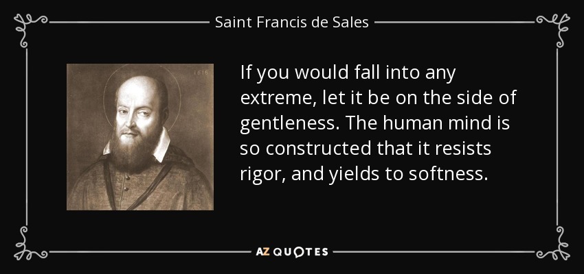 If you would fall into any extreme, let it be on the side of gentleness. The human mind is so constructed that it resists rigor, and yields to softness. - Saint Francis de Sales
