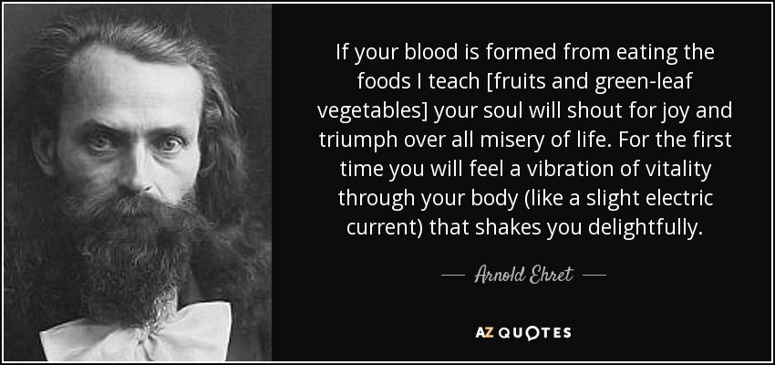 If your blood is formed from eating the foods I teach [fruits and green-leaf vegetables] your soul will shout for joy and triumph over all misery of life. For the first time you will feel a vibration of vitality through your body (like a slight electric current) that shakes you delightfully. - Arnold Ehret