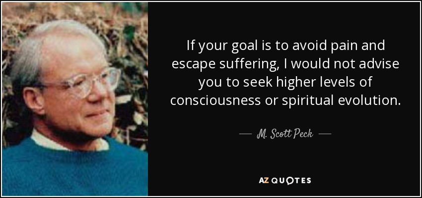 If your goal is to avoid pain and escape suffering, I would not advise you to seek higher levels of consciousness or spiritual evolution. - M. Scott Peck