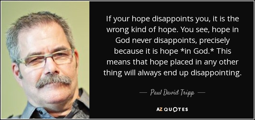 If your hope disappoints you, it is the wrong kind of hope. You see, hope in God never disappoints, precisely because it is hope *in God.* This means that hope placed in any other thing will always end up disappointing. - Paul David Tripp