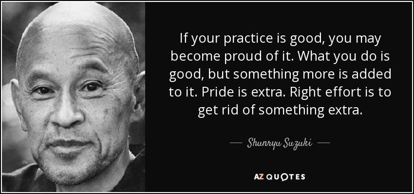 If your practice is good, you may become proud of it. What you do is good, but something more is added to it. Pride is extra. Right effort is to get rid of something extra. - Shunryu Suzuki