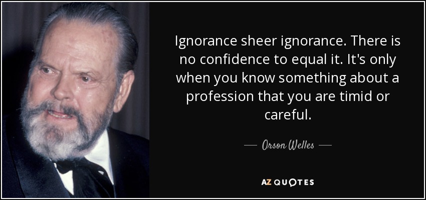 Ignorance sheer ignorance. There is no confidence to equal it. It's only when you know something about a profession that you are timid or careful. - Orson Welles