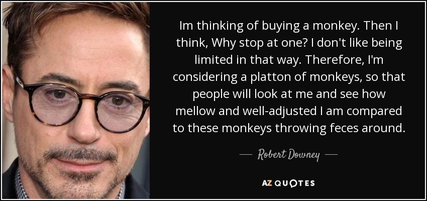 Im thinking of buying a monkey. Then I think, Why stop at one? I don't like being limited in that way. Therefore, I'm considering a platton of monkeys, so that people will look at me and see how mellow and well-adjusted I am compared to these monkeys throwing feces around. - Robert Downey, Jr.