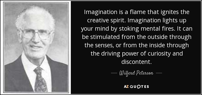 Imagination is a flame that ignites the creative spirit. Imagination lights up your mind by stoking mental fires. It can be stimulated from the outside through the senses, or from the inside through the driving power of curiosity and discontent. - Wilferd Peterson