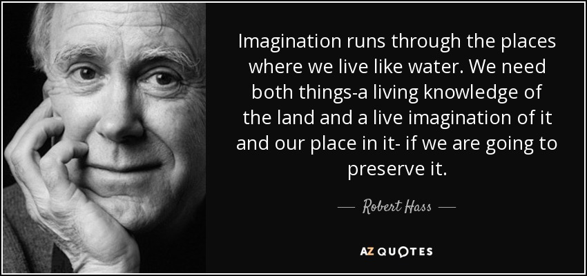 Imagination runs through the places where we live like water. We need both things-a living knowledge of the land and a live imagination of it and our place in it- if we are going to preserve it. - Robert Hass