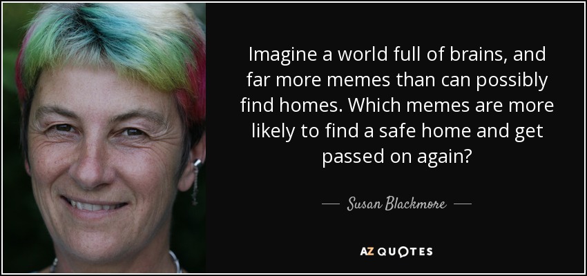Imagine a world full of brains, and far more memes than can possibly find homes. Which memes are more likely to find a safe home and get passed on again? - Susan Blackmore