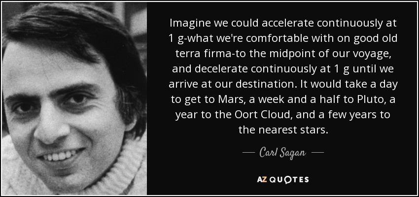 Imagine we could accelerate continuously at 1 g-what we're comfortable with on good old terra firma-to the midpoint of our voyage, and decelerate continuously at 1 g until we arrive at our destination. It would take a day to get to Mars, a week and a half to Pluto, a year to the Oort Cloud, and a few years to the nearest stars. - Carl Sagan