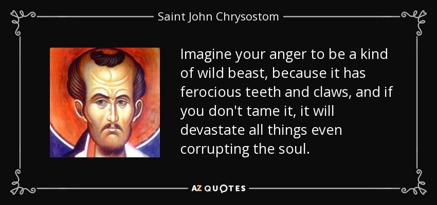 Imagine your anger to be a kind of wild beast, because it has ferocious teeth and claws, and if you don't tame it, it will devastate all things even corrupting the soul. - Saint John Chrysostom