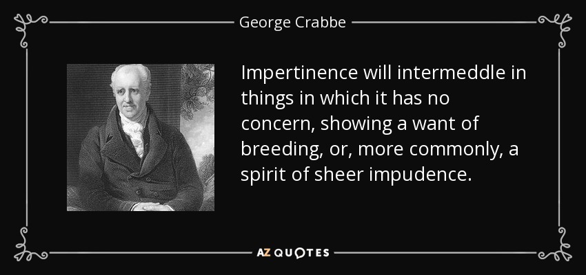 Impertinence will intermeddle in things in which it has no concern, showing a want of breeding, or, more commonly, a spirit of sheer impudence. - George Crabbe