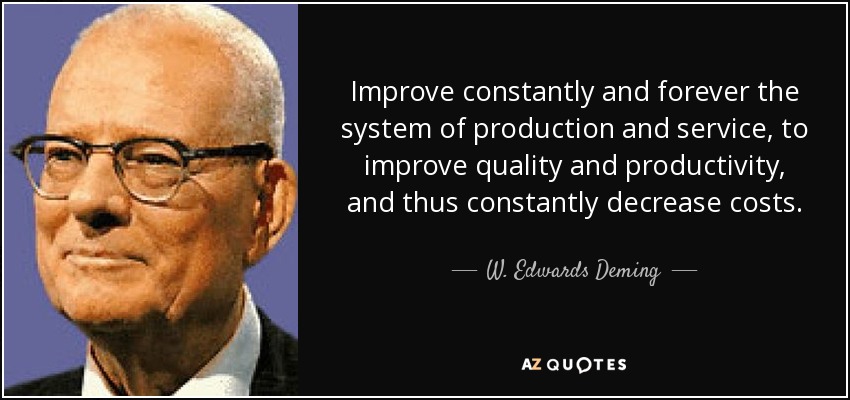 Improve constantly and forever the system of production and service, to improve quality and productivity, and thus constantly decrease costs. - W. Edwards Deming
