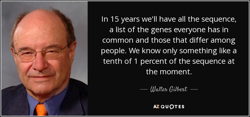 In 15 years we'll have all the sequence, a list of the genes everyone has in common and those that differ among people. We know only something like a tenth of 1 percent of the sequence at the moment. - Walter Gilbert