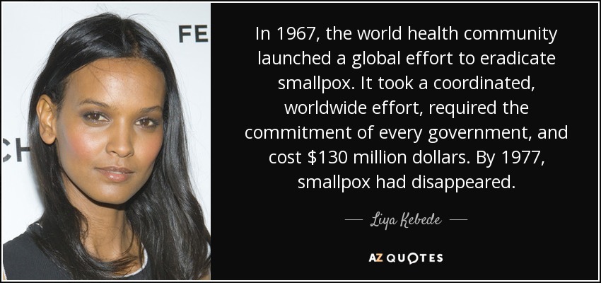 In 1967, the world health community launched a global effort to eradicate smallpox. It took a coordinated, worldwide effort, required the commitment of every government, and cost $130 million dollars. By 1977, smallpox had disappeared. - Liya Kebede